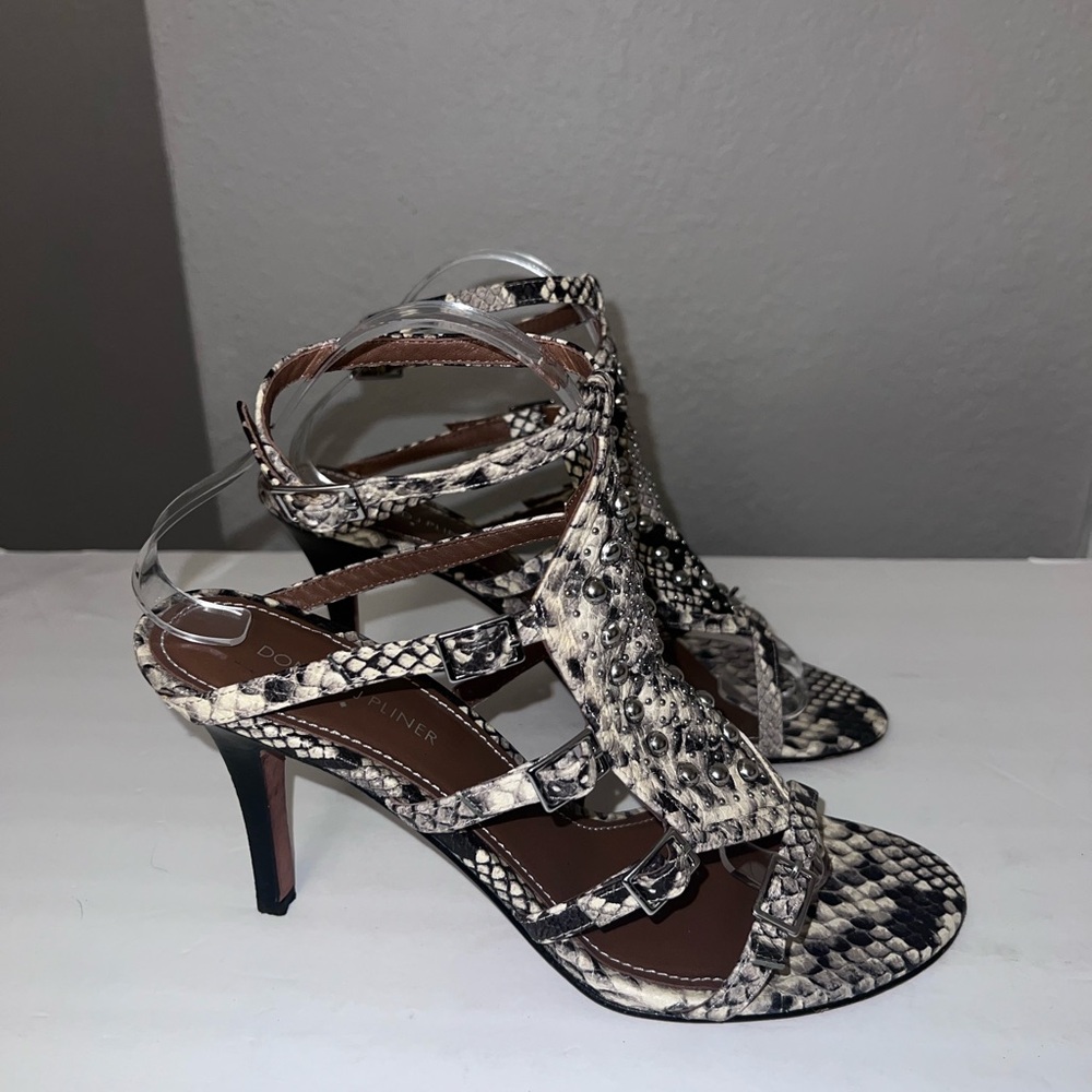 Donald J Pliner Tenasp Leather Snakeskin Strappy Heels - Picture 2 of 12